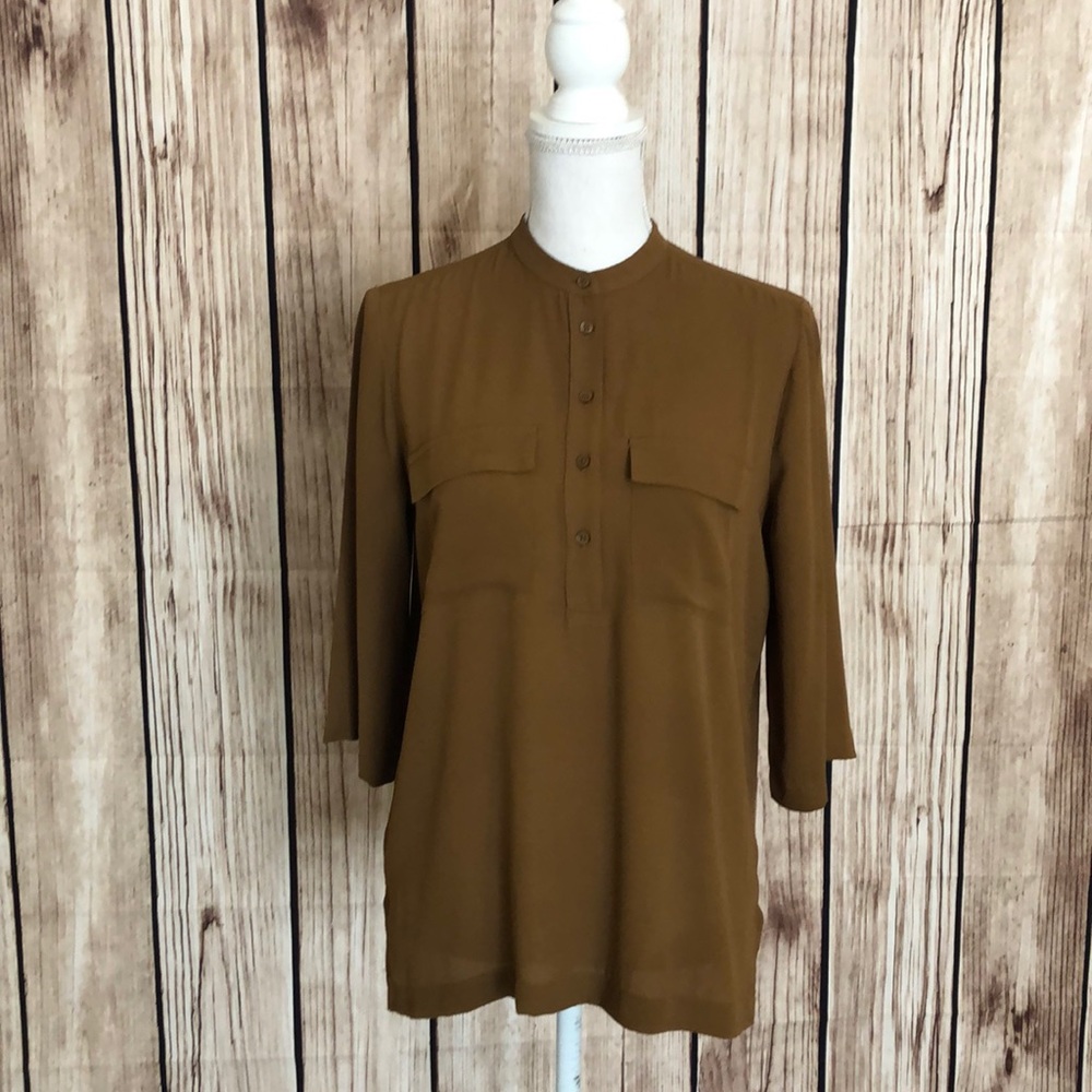 Ann Taylor Flowy Caramel Brown Lightweight Button-Down Half Sleeve Blouse Sm